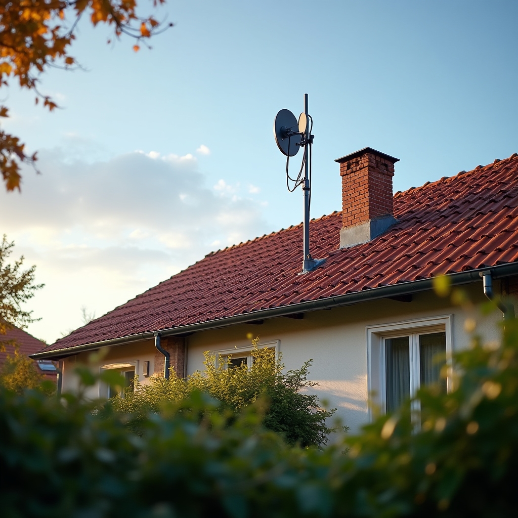 Antena DVB-T2 zamontowana na dachu domu jednorodzinnego