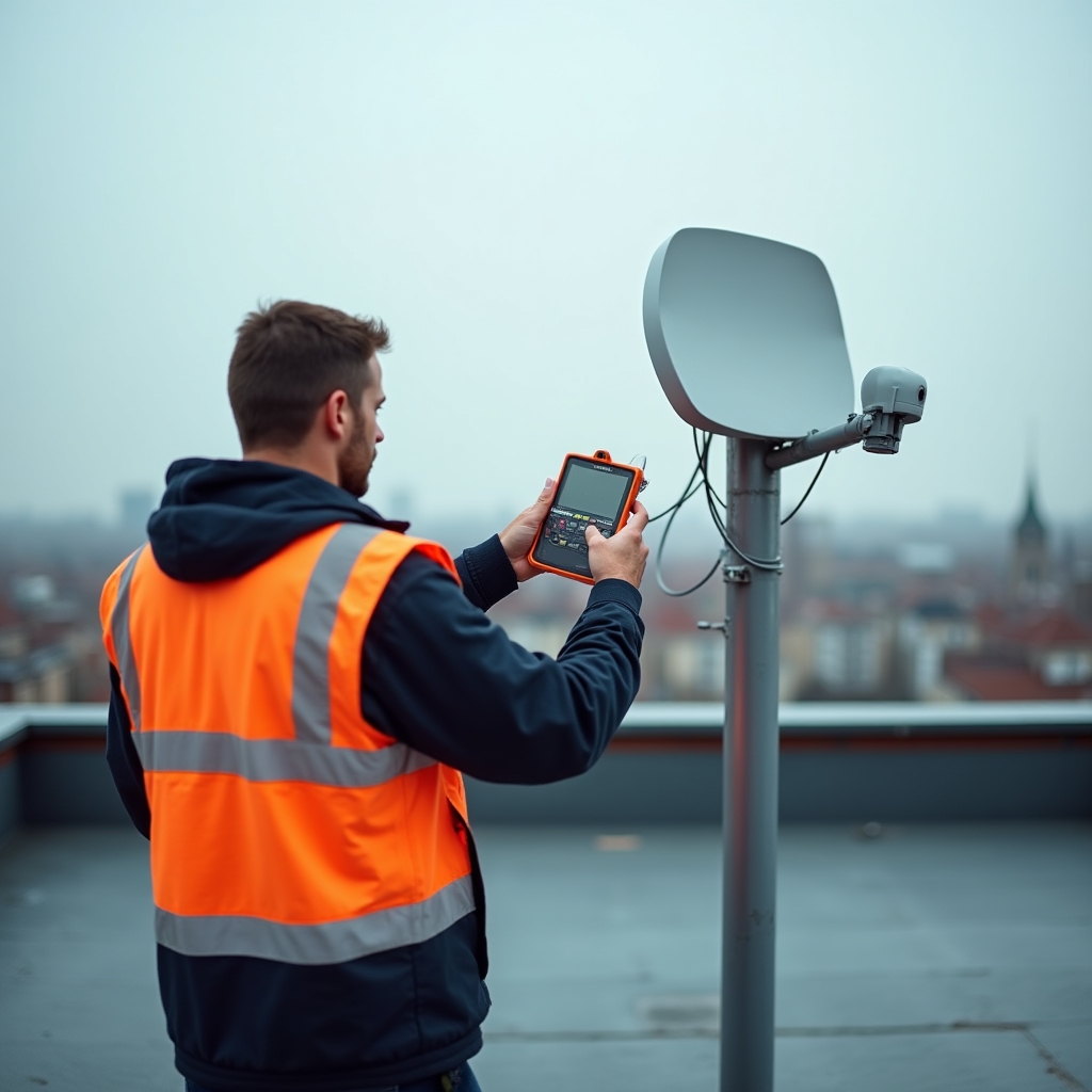 Technik wykonujący pomiar sygnału antenowego na dachu